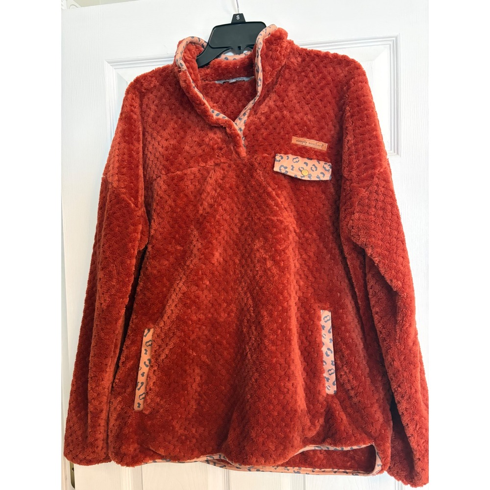 Simply Southern Fleece Pullover XL Preppy Rust Orange Leopard Trim Quarter Snap
